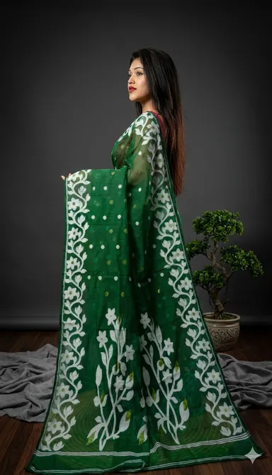 Women's Traditional Soft Cotton Dhakai Jamdani Saree with Elegant Floral Border - Bengali Ethnic Wear (Green) thumbnail 3