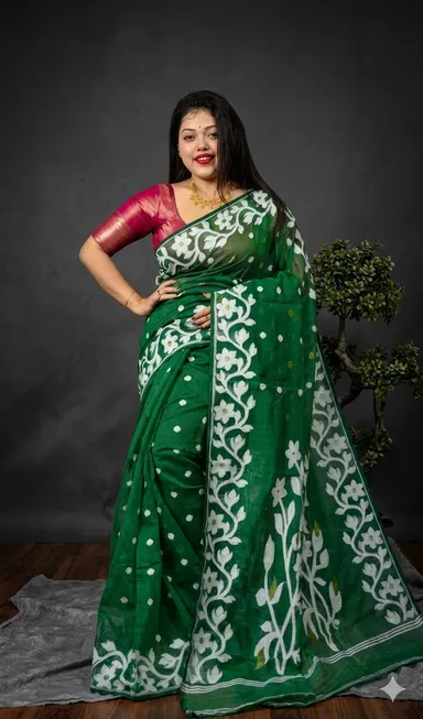 Women's Traditional Soft Cotton Dhakai Jamdani Saree with Elegant Floral Border - Bengali Ethnic Wear (Green) thumbnail 0