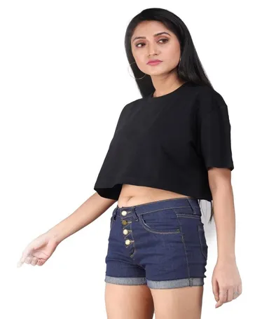 Women Oversized Black Crop Top for Women Half Sleeve Loose Fit Casual Cotton Crop T Shirt Korean Streetwear Baggy Summer Fashion Top for Girls Black S thumbnail 1