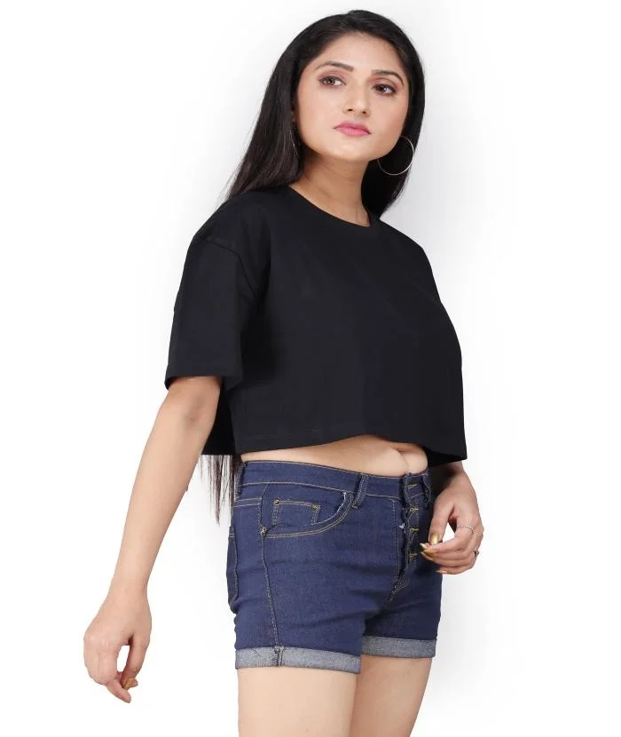 Women Oversized Black Crop Top for Women Half Sleeve Loose Fit Casual Cotton Crop T Shirt Korean Streetwear Baggy Summer Fashion Top for Girls Black S image 3