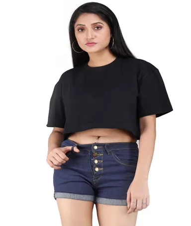Women Oversized Black Crop Top for Women Half Sleeve Loose Fit Casual Cotton Crop T Shirt Korean Streetwear Baggy Summer Fashion Top for Girls Black XL thumbnail 0