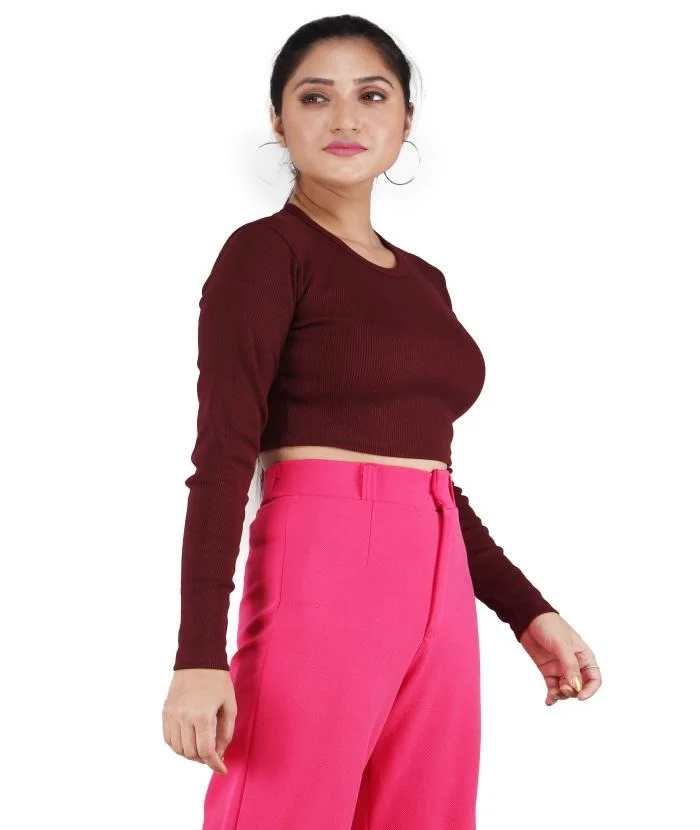 Maroon Women Ribbed Full Sleeves Crop Top for Girls | Stretchable Slim Fit Rib Knit Stylish Partywear & Casual Fashion Top for Winter, Streetwear & Layering Outfit Maroon  S image 2