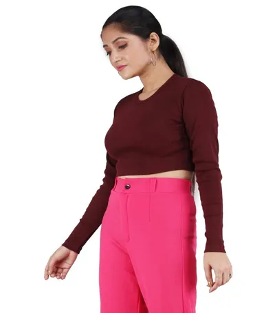 Maroon Women Ribbed Full Sleeves Crop Top for Girls | Stretchable Slim Fit Rib Knit Stylish Partywear & Casual Fashion Top for Winter, Streetwear & Layering Outfit Maroon  S thumbnail 2