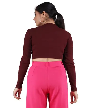 Maroon Women Ribbed Full Sleeves Crop Top for Girls | Stretchable Slim Fit Rib Knit Stylish Partywear & Casual Fashion Top for Winter, Streetwear & Layering Outfit Maroon  S thumbnail 3