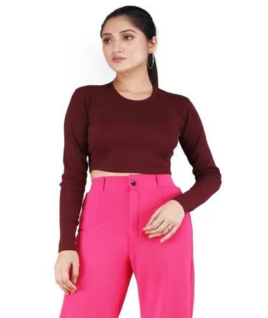 Maroon Women Ribbed Full Sleeves Crop Top for Girls | Stretchable Slim Fit Rib Knit Stylish Partywear & Casual Fashion Top for Winter, Streetwear & Layering Outfit Maroon  L thumbnail 0