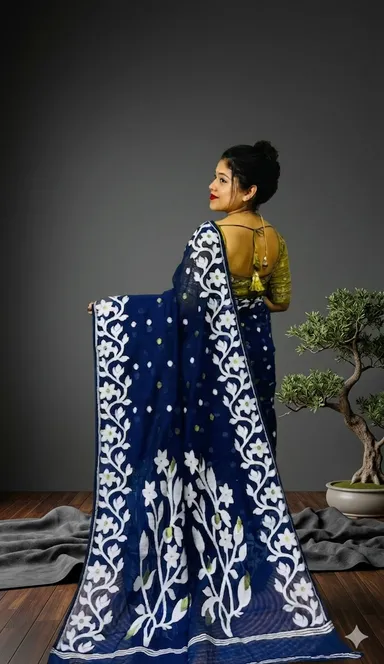 DHAKAI JAMDANI. Women's Rich Soft Cotton Dhakai Jamdani Saree with Elegant Floral Border and Buti Work- BLUE thumbnail 1