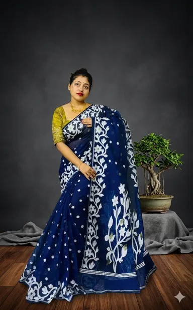 DHAKAI JAMDANI. Women's Rich Soft Cotton Dhakai Jamdani Saree with Elegant Floral Border and Buti Work- BLUE thumbnail 2