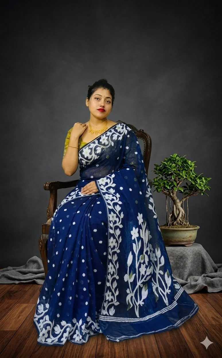 DHAKAI JAMDANI. Women's Rich Soft Cotton Dhakai Jamdani Saree with Elegant Floral Border and Buti Work- BLUE image 4