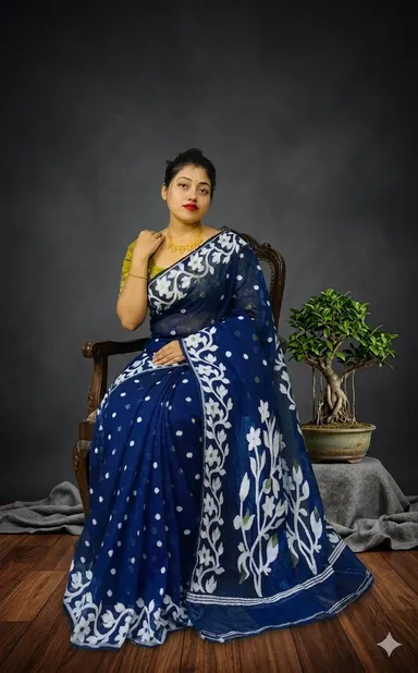 DHAKAI JAMDANI. Women's Rich Soft Cotton Dhakai Jamdani Saree with Elegant Floral Border and Buti Work- BLUE thumbnail 3