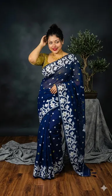 DHAKAI JAMDANI. Women's Rich Soft Cotton Dhakai Jamdani Saree with Elegant Floral Border and Buti Work- BLUE thumbnail 4