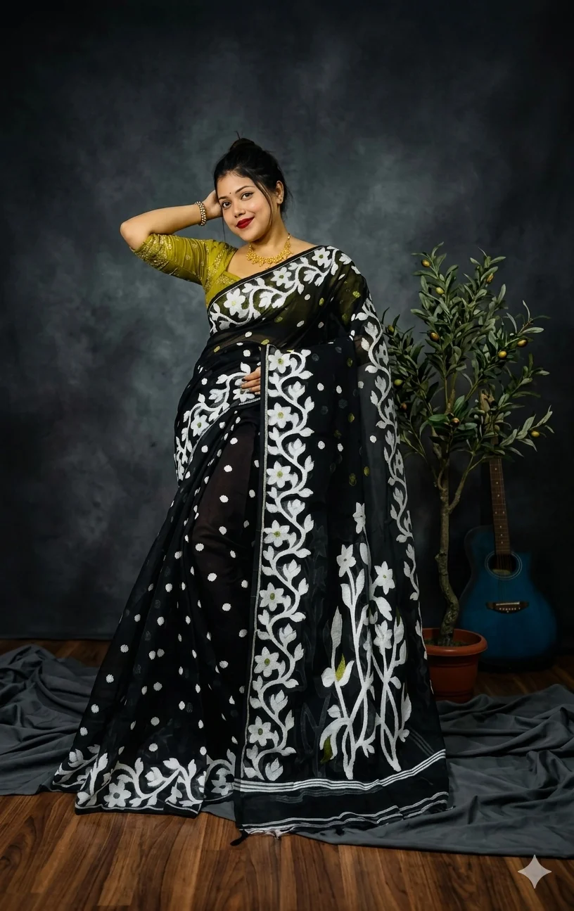 DHAKAI JAMDANI. Women's Rich Soft Cotton Dhakai Jamdani Saree with Elegant Floral Border and Buti Work - BLACK image 3