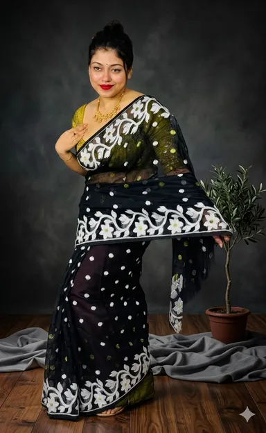 DHAKAI JAMDANI. Women's Rich Soft Cotton Dhakai Jamdani Saree with Elegant Floral Border and Buti Work - BLACK thumbnail 3