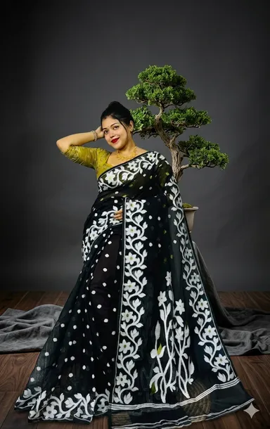 DHAKAI JAMDANI. Women's Rich Soft Cotton Dhakai Jamdani Saree with Elegant Floral Border and Buti Work - BLACK thumbnail 0