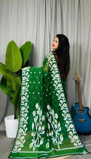 DHAKAI JAMDANI. Women's Rich Soft Cotton Dhakai Jamdani Saree with Elegant Floral Border and Buti Work- GREEN 2 thumbnail 1