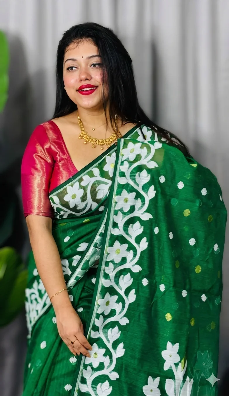 DHAKAI JAMDANI. Women's Rich Soft Cotton Dhakai Jamdani Saree with Elegant Floral Border and Buti Work- GREEN 2 image 4