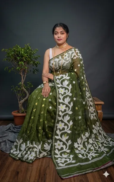 DHAKAI JAMDANI. Women's Rich Soft Cotton Dhakai Jamdani Saree with Elegant Floral Border and Buti Work- PESTA thumbnail 1