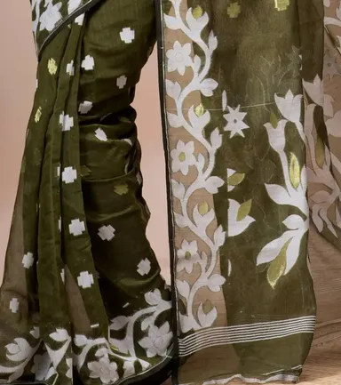 DHAKAI JAMDANI. Women's Rich Soft Cotton Dhakai Jamdani Saree with Elegant Floral Border and Buti Work- PESTA thumbnail 3