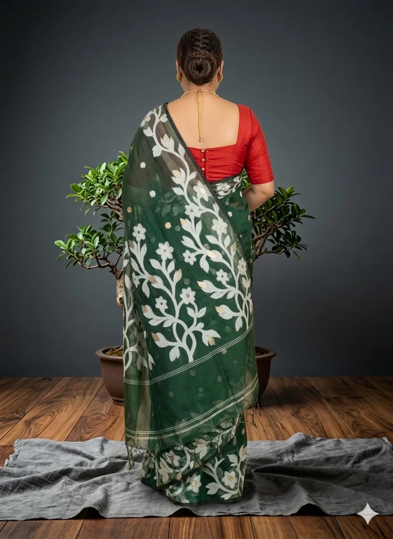 DHAKAI JAMDANI. Women's Rich Soft Cotton Dhakai Jamdani Saree with Elegant Floral Border and Buti Work- BOTTLE GREEN image 2