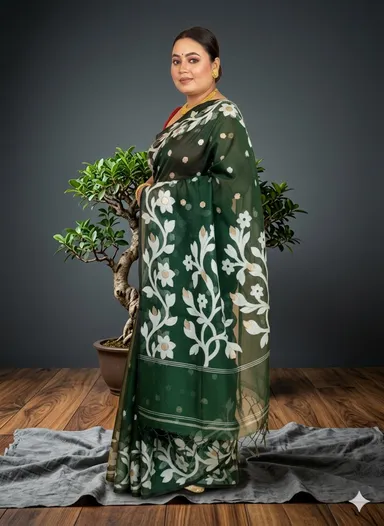 DHAKAI JAMDANI. Women's Rich Soft Cotton Dhakai Jamdani Saree with Elegant Floral Border and Buti Work- BOTTLE GREEN thumbnail 2