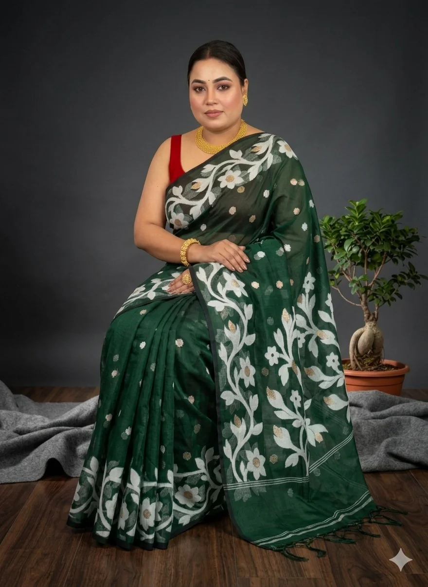 DHAKAI JAMDANI. Women's Rich Soft Cotton Dhakai Jamdani Saree with Elegant Floral Border and Buti Work- BOTTLE GREEN image 4
