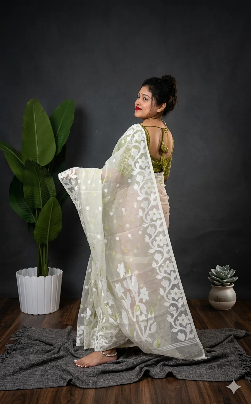 DHAKAI JAMDANI. Women's Rich Soft Cotton Dhakai Jamdani Saree with Elegant Floral Border and Buti Work- WHITE image 2