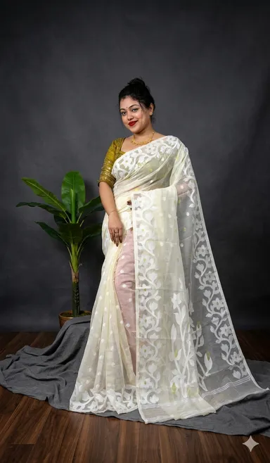 DHAKAI JAMDANI. Women's Rich Soft Cotton Dhakai Jamdani Saree with Elegant Floral Border and Buti Work- WHITE thumbnail 2
