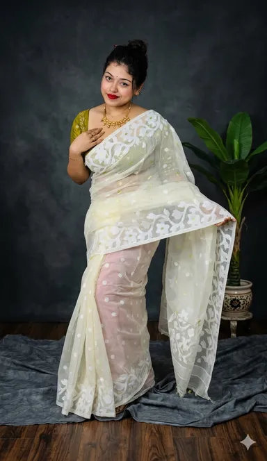 DHAKAI JAMDANI. Women's Rich Soft Cotton Dhakai Jamdani Saree with Elegant Floral Border and Buti Work- WHITE thumbnail 4