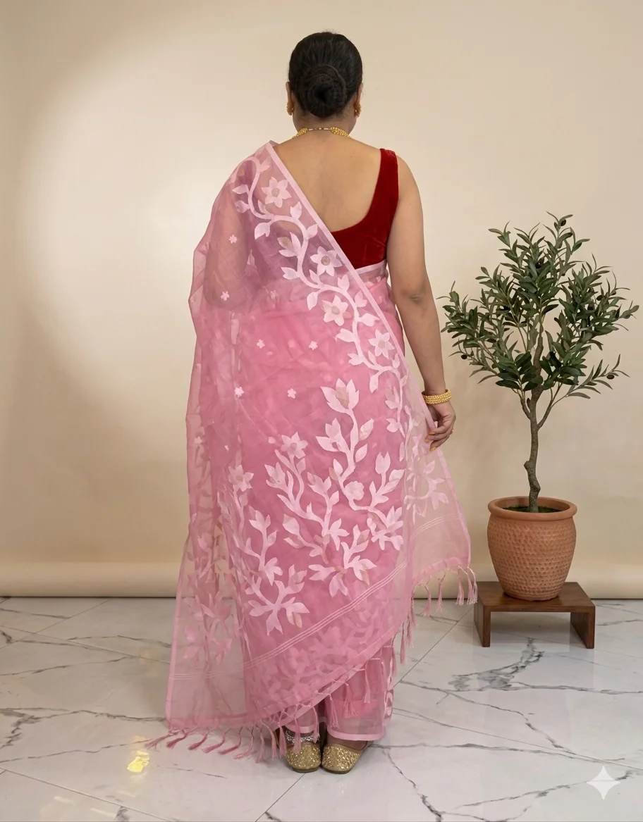 DHAKAI JAMDANI. Women's Rich Soft Cotton Dhakai Jamdani Saree with Elegant Floral Border and Buti Work- RANI image 2