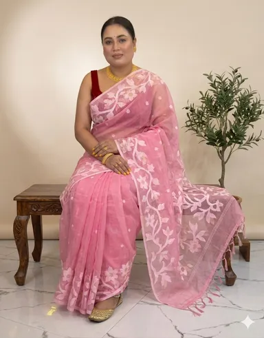 DHAKAI JAMDANI. Women's Rich Soft Cotton Dhakai Jamdani Saree with Elegant Floral Border and Buti Work- RANI thumbnail 2
