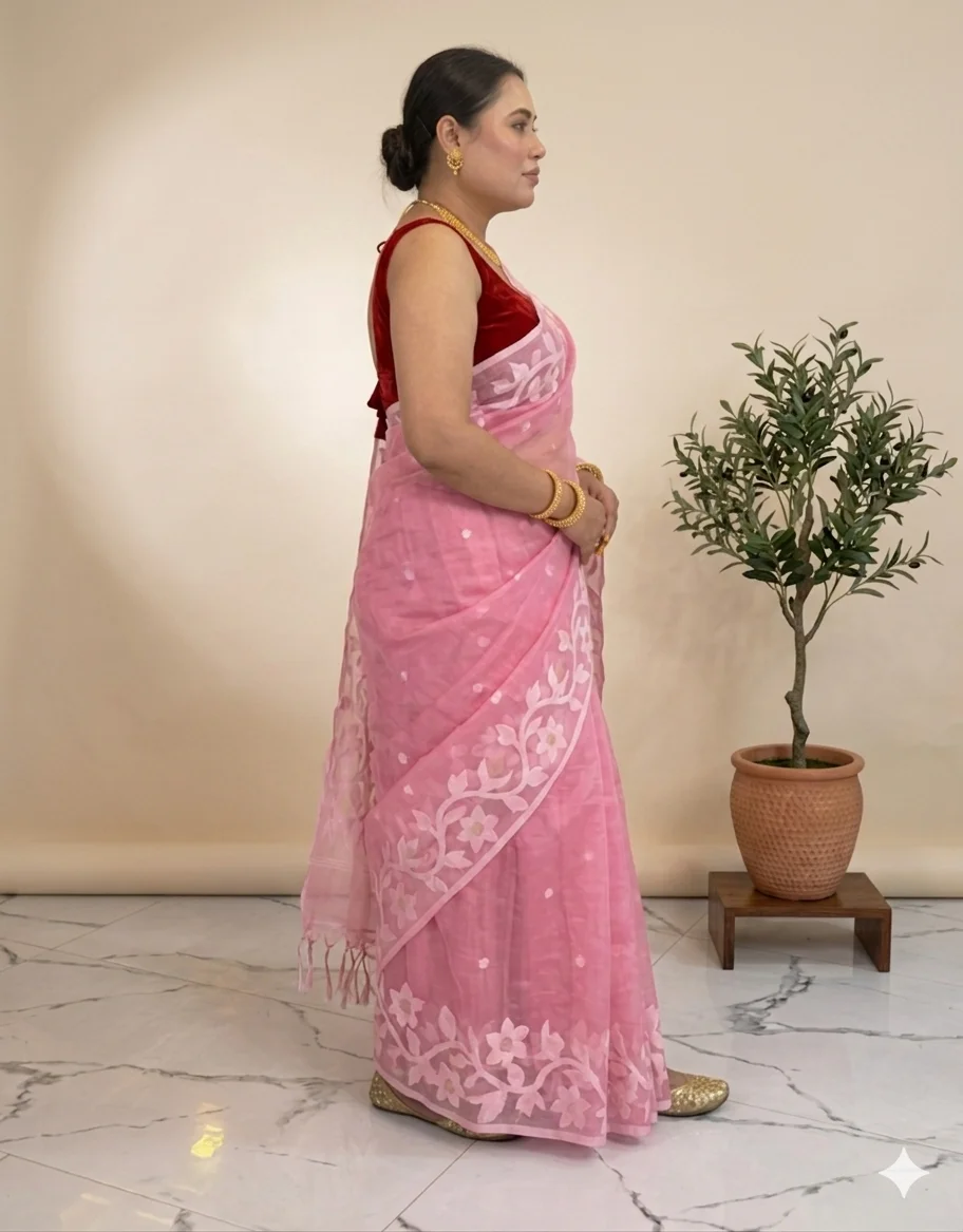 DHAKAI JAMDANI. Women's Rich Soft Cotton Dhakai Jamdani Saree with Elegant Floral Border and Buti Work- RANI image 4