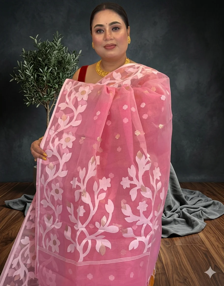 DHAKAI JAMDANI. Women's Rich Soft Cotton Dhakai Jamdani Saree with Elegant Floral Border and Buti Work- RANI image 5