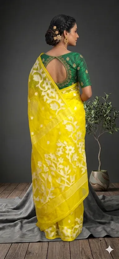 DHAKAI JAMDANI. Women's Rich Soft Cotton Dhakai Jamdani Saree with Elegant Floral Border and Buti Work- LEMON YELLOW thumbnail 1