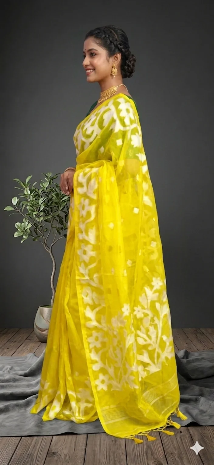DHAKAI JAMDANI. Women's Rich Soft Cotton Dhakai Jamdani Saree with Elegant Floral Border and Buti Work- LEMON YELLOW image 3
