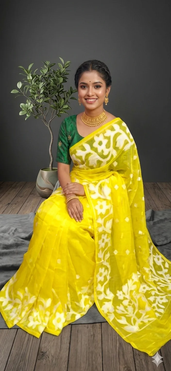 DHAKAI JAMDANI. Women's Rich Soft Cotton Dhakai Jamdani Saree with Elegant Floral Border and Buti Work- LEMON YELLOW image 4