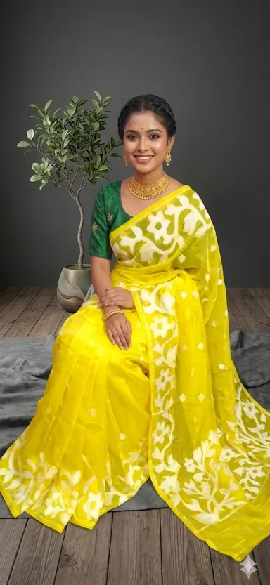 DHAKAI JAMDANI. Women's Rich Soft Cotton Dhakai Jamdani Saree with Elegant Floral Border and Buti Work- LEMON YELLOW thumbnail 3