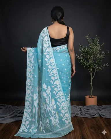 DHAKAI JAMDANI. Women's Rich Soft Cotton Dhakai Jamdani Saree with Elegant Floral Border and Buti Work -SKY , ASMANI , LIGHT BLUE thumbnail 1