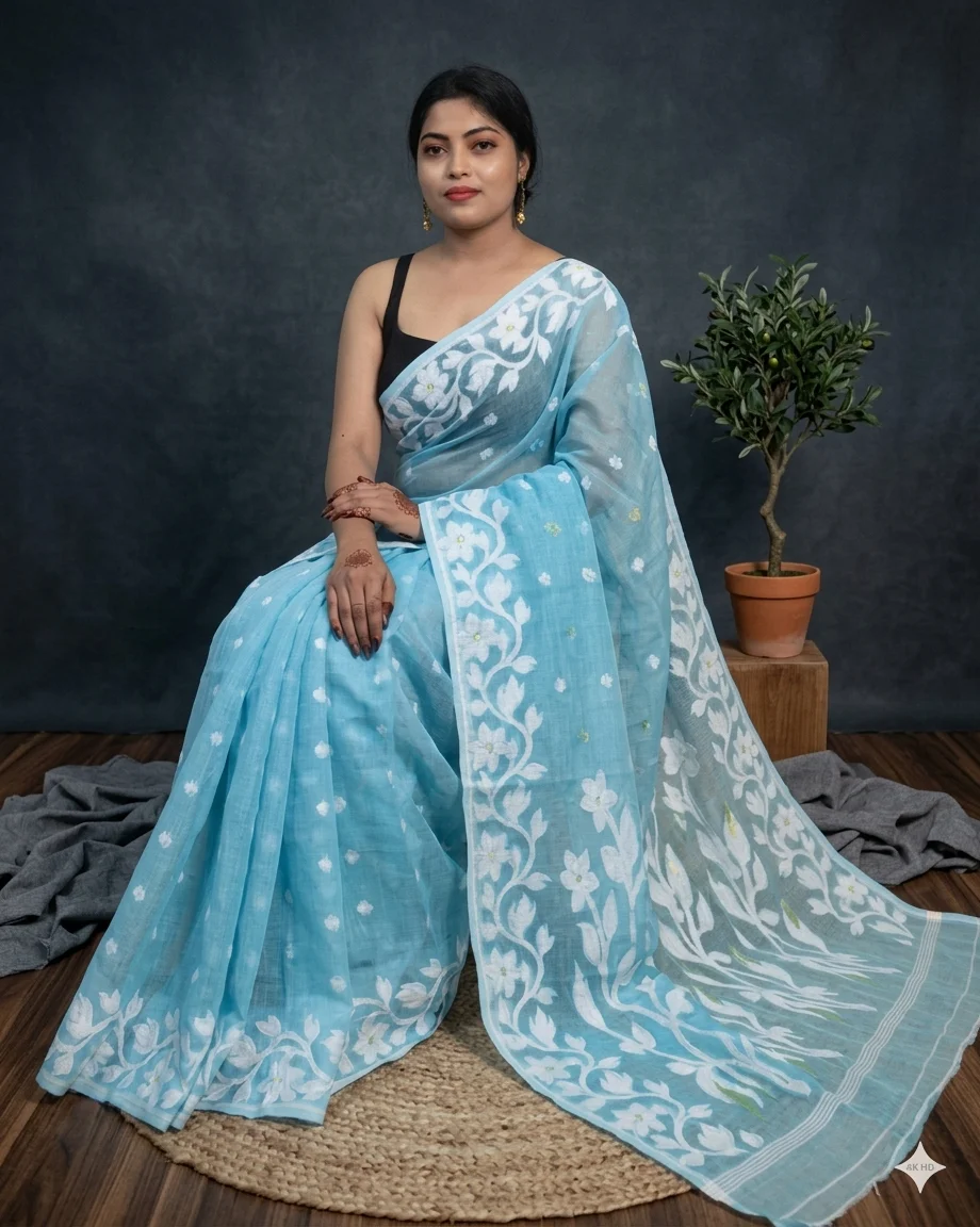 DHAKAI JAMDANI. Women's Rich Soft Cotton Dhakai Jamdani Saree with Elegant Floral Border and Buti Work -SKY , ASMANI , LIGHT BLUE image 3
