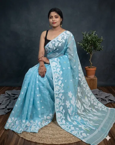 DHAKAI JAMDANI. Women's Rich Soft Cotton Dhakai Jamdani Saree with Elegant Floral Border and Buti Work -SKY , ASMANI , LIGHT BLUE thumbnail 2