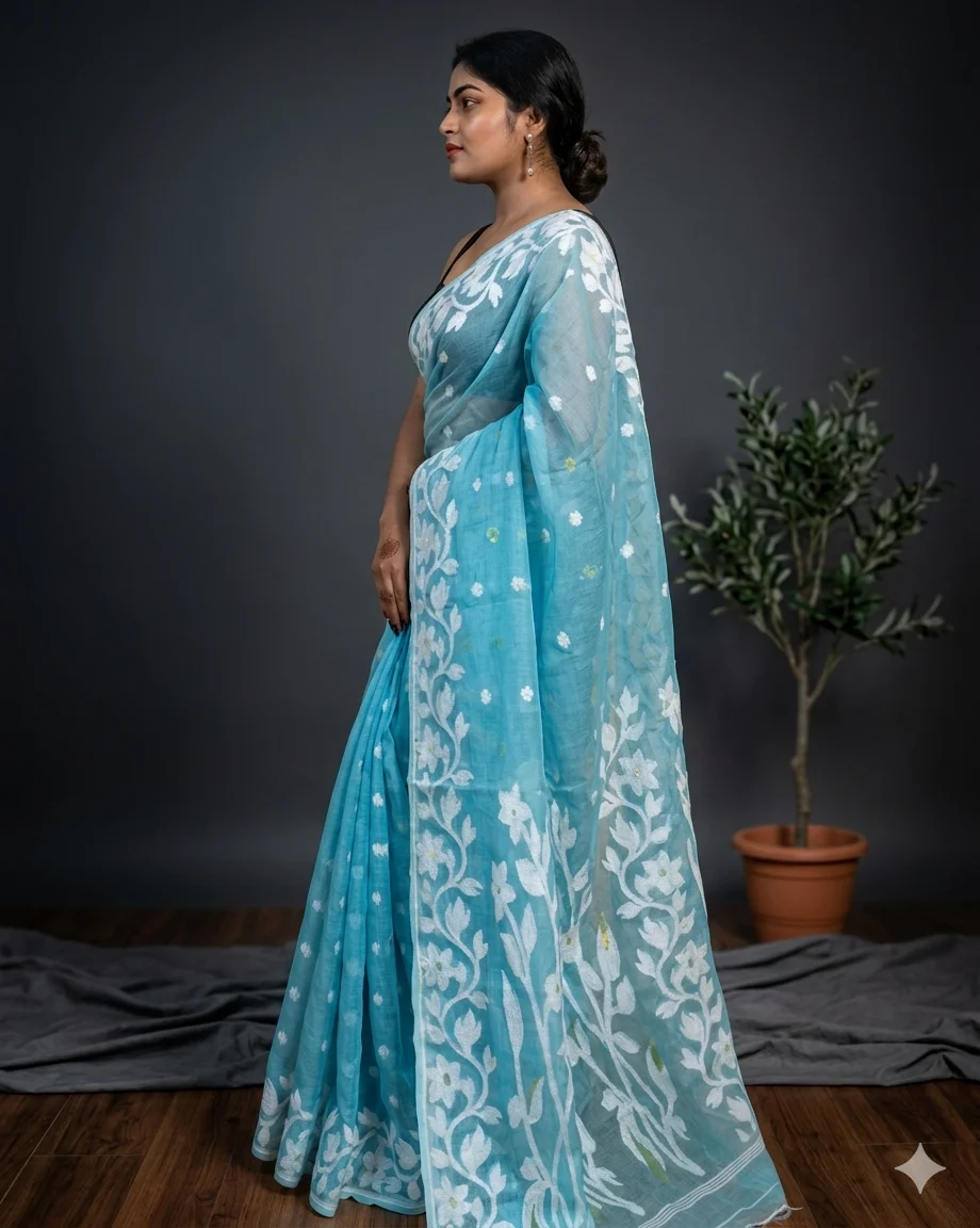 DHAKAI JAMDANI. Women's Rich Soft Cotton Dhakai Jamdani Saree with Elegant Floral Border and Buti Work -SKY , ASMANI , LIGHT BLUE image 4