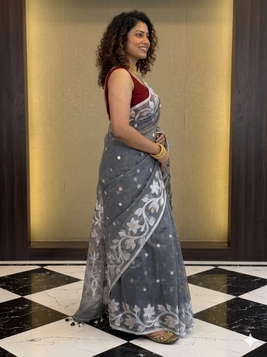 DHAKAI JAMDANI. Women's Rich Soft Cotton Dhakai Jamdani Saree with Elegant Floral Border and Buti Work- GRAY image 3