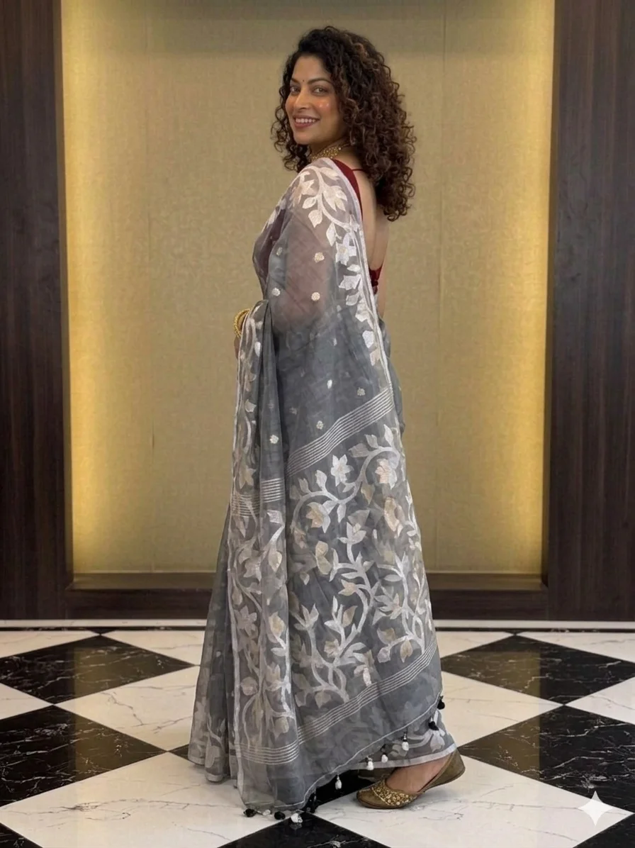 DHAKAI JAMDANI. Women's Rich Soft Cotton Dhakai Jamdani Saree with Elegant Floral Border and Buti Work- GRAY image 5
