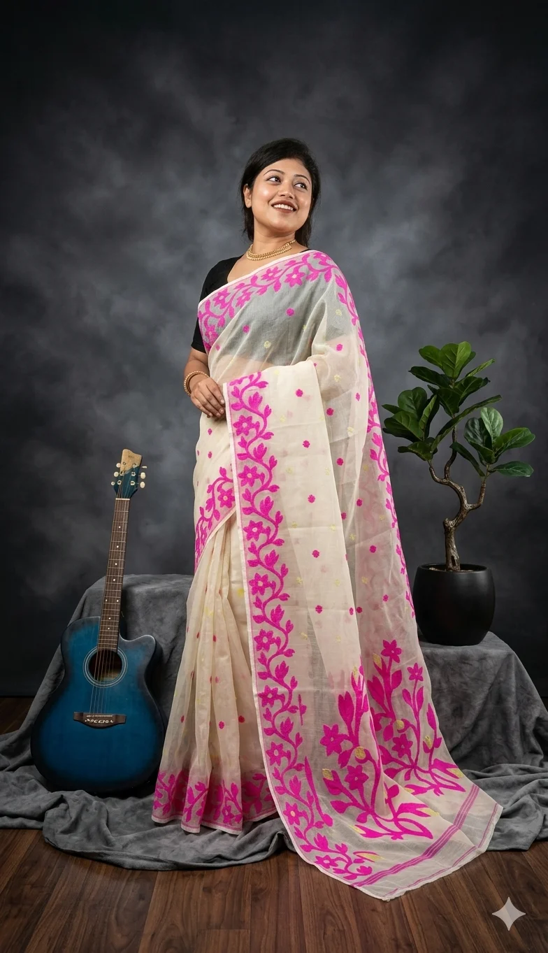 DHAKAI JAMDANI. Women's Rich Soft Cotton Dhakai Jamdani Saree with Elegant Floral Border and Buti Work- WHITE RANI image 3