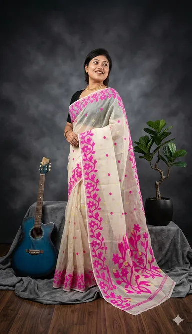 DHAKAI JAMDANI. Women's Rich Soft Cotton Dhakai Jamdani Saree with Elegant Floral Border and Buti Work- WHITE RANI thumbnail 2