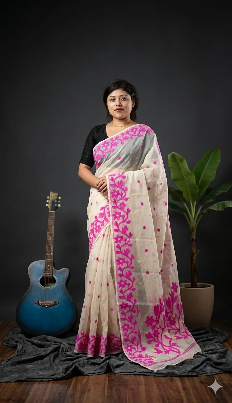 DHAKAI JAMDANI. Women's Rich Soft Cotton Dhakai Jamdani Saree with Elegant Floral Border and Buti Work- WHITE RANI image 4