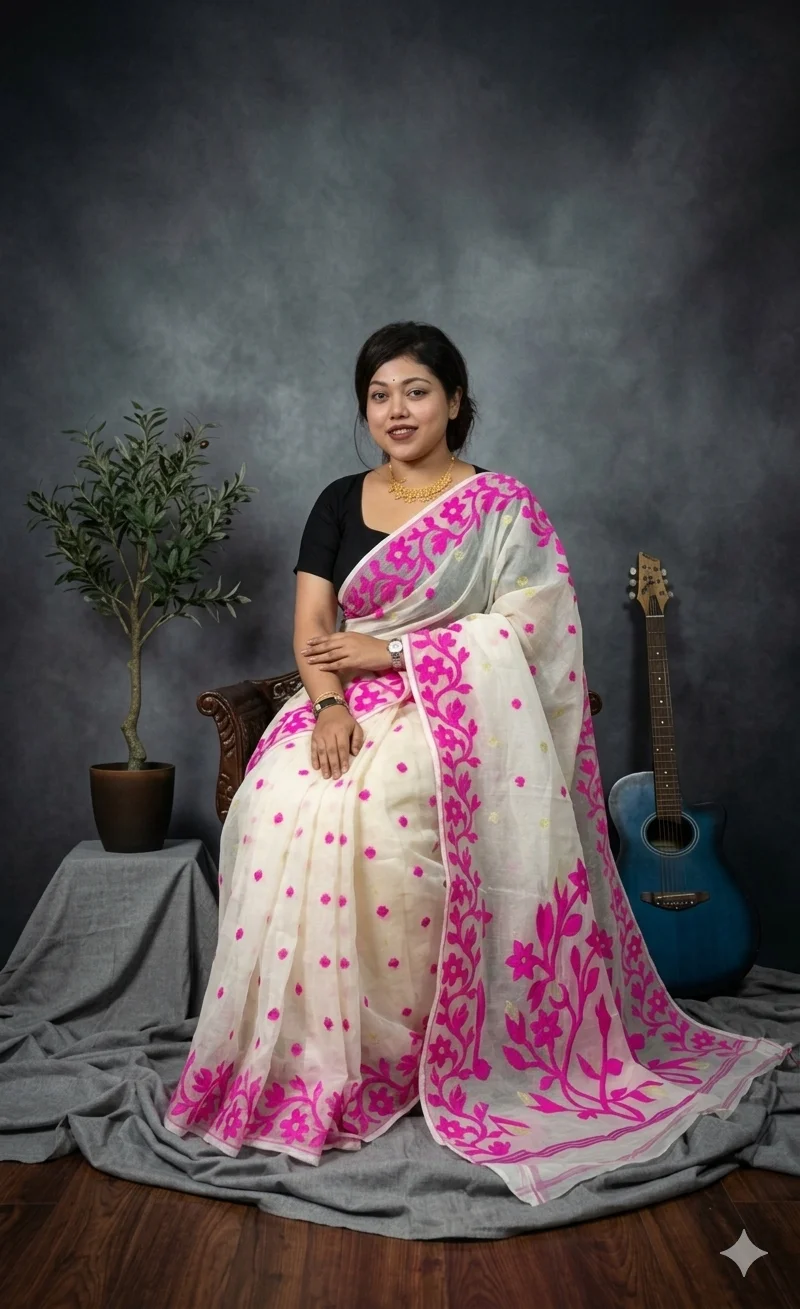 DHAKAI JAMDANI. Women's Rich Soft Cotton Dhakai Jamdani Saree with Elegant Floral Border and Buti Work- WHITE RANI image 5