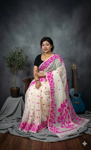 DHAKAI JAMDANI. Women's Rich Soft Cotton Dhakai Jamdani Saree with Elegant Floral Border and Buti Work- WHITE RANI thumbnail 4