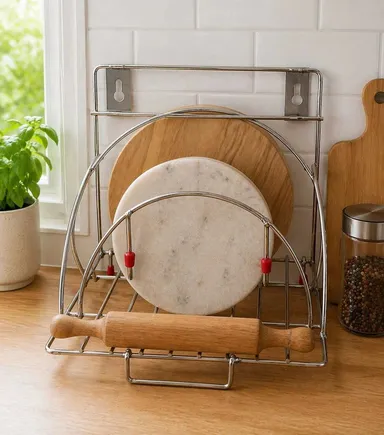 Grahsankalp Stainless Steel Chakla Belan Stand for Kitchen 4 in 1 Rust Free Kitchen Rack for Rolling Board Rolling Pin Tawa Storage Holder Durable Steel Organizer for Indian Kitchen thumbnail 2