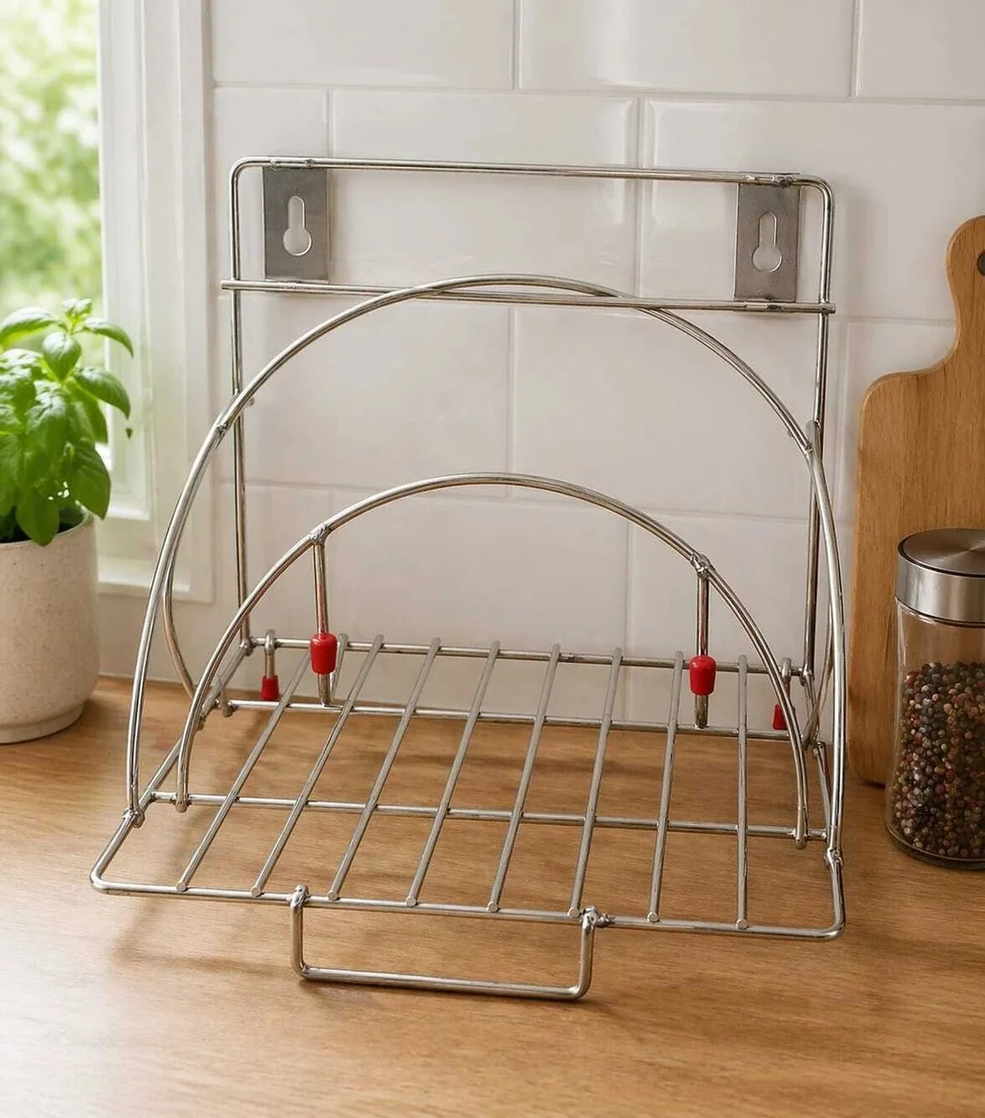 Grahsankalp Stainless Steel Chakla Belan Stand for Kitchen 4 in 1 Rust Free Kitchen Rack for Rolling Board Rolling Pin Tawa Storage Holder Durable Steel Organizer for Indian Kitchen image 1