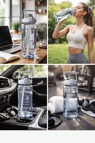 grahsankalp HydroTrack Pro 1000ml Leak Proof Water Bottle Black BPA Free Gym Sports Office Travel Hydration Bottle with Time Marker Sipper Handle thumbnail 1