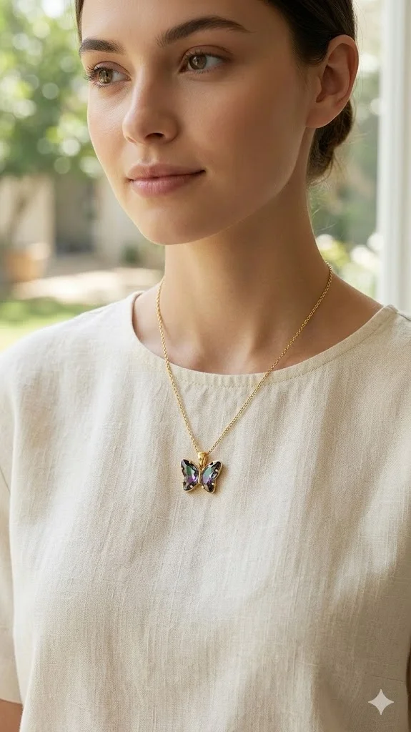 Butterfly Pendant Necklace, Rainbow Crystal, Gold-Tone Chain, Anti-Tarnish, Waterproof and Sweat Resistant Chain Pendant for Women and Girls image 4